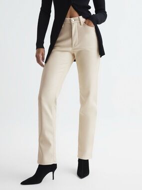 Good American| Off-White Faux Leather High Waisted Straight Leg Pants Sz 4/27